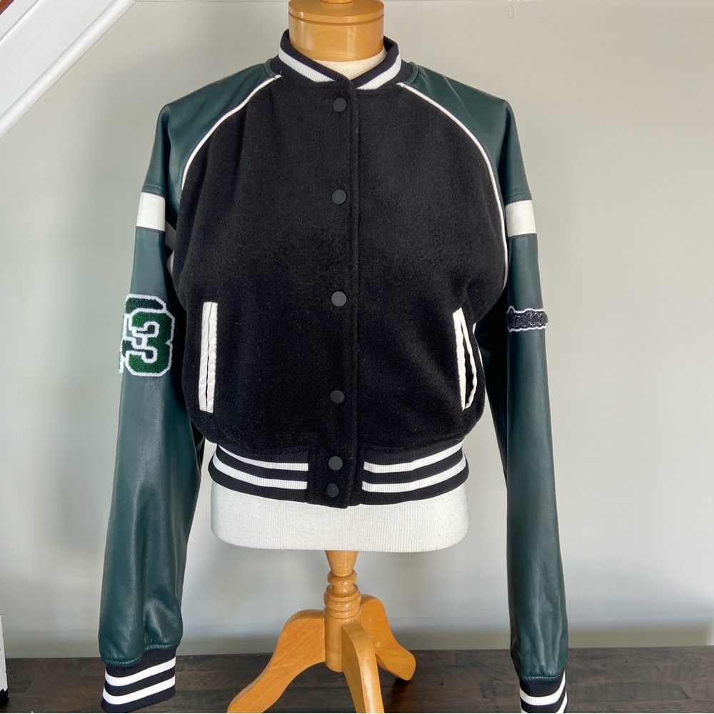 Maniere De Voir Bomber Varsity Jacket Women’s Size 6 Green Black Leather